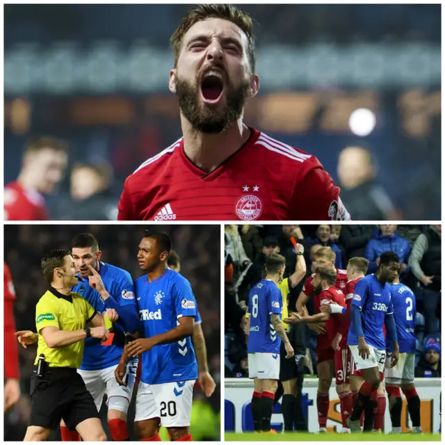 Clockwise from top: Aberdeen captain Graeme Shinnie celebrates; Sam Cosgrove is shown the red, and Alfredo Morelos also sees red