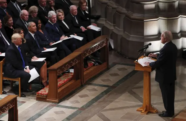 Former Canadian Prime Minster Brian Mulroney (R) delivers remarks about former United States President George H. W. Bush during the funeral services at the National Cathedral in Washington, DC, USA, 05 December 2018. George H. W. Bush, the 41st President of the United States (1989-1993), died in his Houston, Texas, USA, home surrounded by family and friends on 30 November 2018. The body will return to Houston for another funeral service before being transported by train to the George Bush Presidential Library and Museum for internment. EPA/ERIK S. LESSER