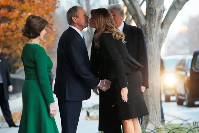 George W Bush and Laura Bush greet Donald and Melania Trump at Blair House