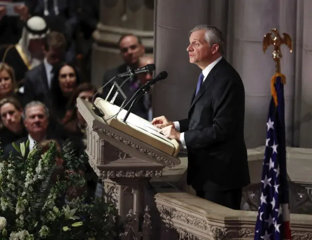 Bush Biographer Jon Meacham speaks about former United States President George H. W. Bush during the funeral at the National Cathedral