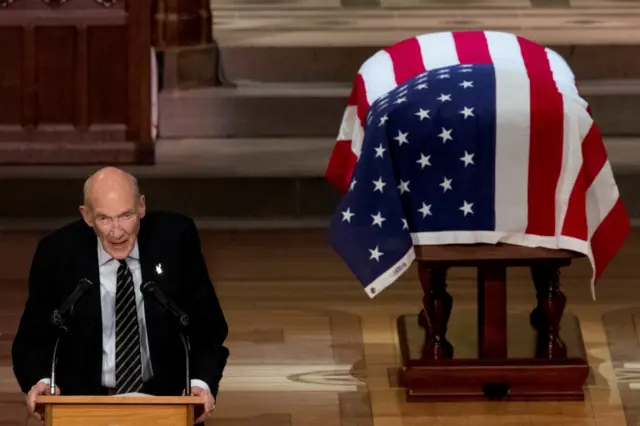 Former Sen. Alan Simpson (R-WY) speaks during the State Funeral for former President George H.W. Bush at the National Cathedral, Wednesday, Dec. 5, 2018, in Washington. Andrew Harnik/Pool via REUTERS