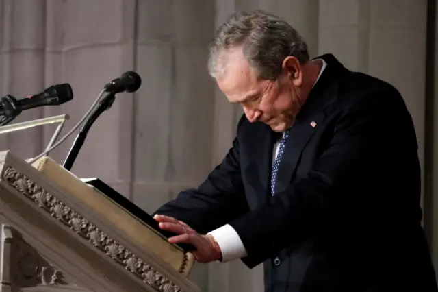 Former President George W. Bush speaks at the State Funeral for his father, former President George H.W. Bush, at the National Cathedral