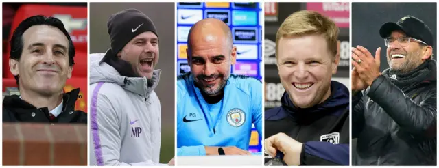 Unai Emery, Mauricio Pchenttino, Pep Guardiola, Eddie Howe, Jurgen Klopp