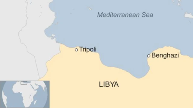 A map showing the location of Benghazi in Libya in relation to the capital, Tripoli.