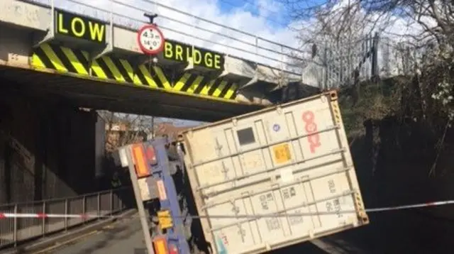 Lorry after hitting bridge in Erdington