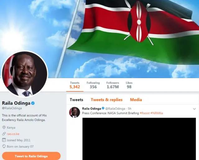 A screenshot of Raila Odinga's Twitter page showing his update bio