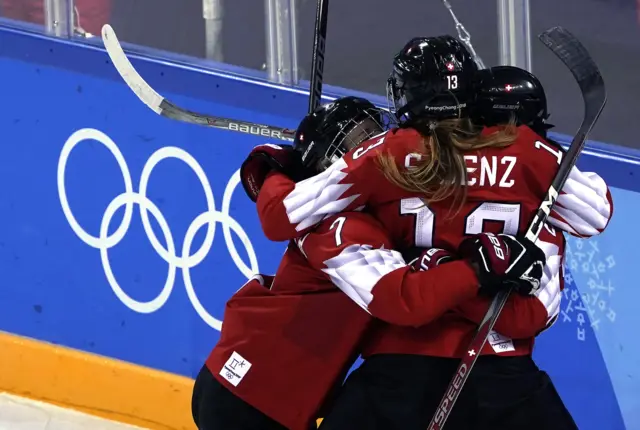 Switzerland in control against Korea in the women's ice hockey.