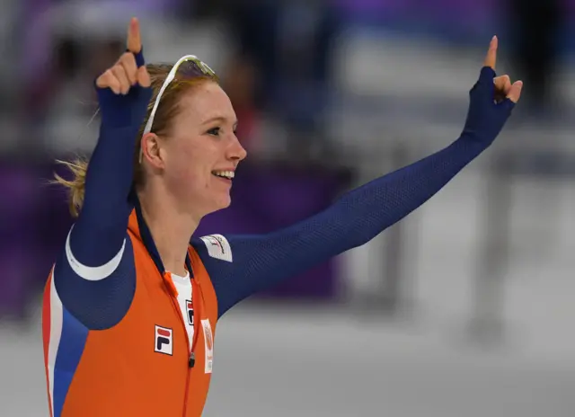 Carlijn Achtereekte of the Netherlands takes the gold medal in the speed skating ladies' 3,000m.