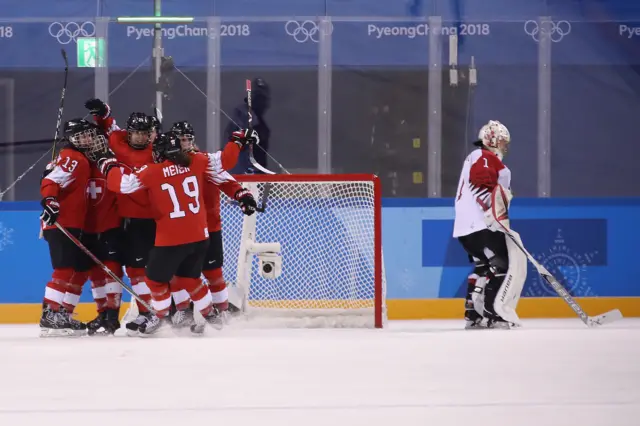 Switzerland women's ice hockey team celebrate