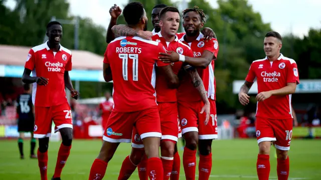 Crawley celebrate Jordan Roberts' goal against Cheltenham in September