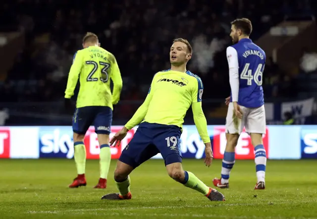 Derby County"s Andreas Weimann (middle) ruing a missed chance