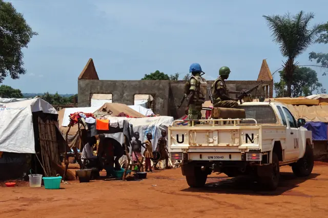 UN peacekeepers from Gabon patrol in the Central African Republic town of Bria on June 12, 2017.