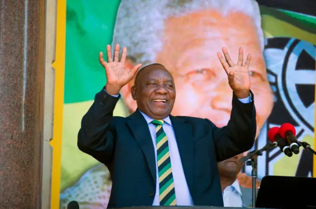 South African Deputy President and newly-elected president of the ruling African National Congress (ANC), Cyril Ramaphosa reacts during a rally on February 11, 2018 in Cape Town