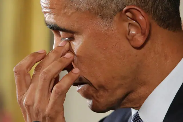 Obama tears up as he speaks in 2016 about his efforts to increase federal gun control after the 2012 Sandy Hook Elementary School shooting