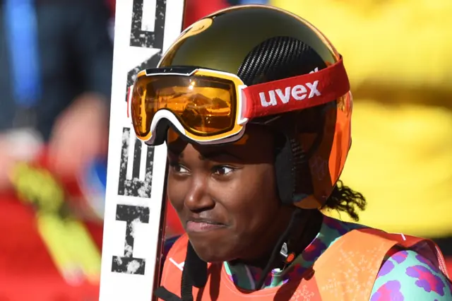 Kenya's Sabrina Simader reacts after competing in the Women's Giant Slalom at the Yongpyong Alpine Centre during the Pyeongchang 2018 Winter Olympic Games in Pyeongchang on