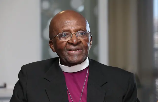 The Archbishop Emeritus Desmond Tutu at the offices of The Desmond & Leah Tutu Legacy Foundation during a visit with Prince Harry on the first day of his visit to South Africa on November 30, 2015 in Cape Town, South Africa.