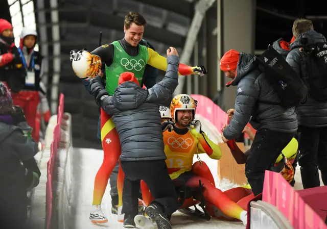 Germany's Luge Team members Natalie Geisenberger, Johannes Ludwig, Tobias Wendl and Tobias Arlt