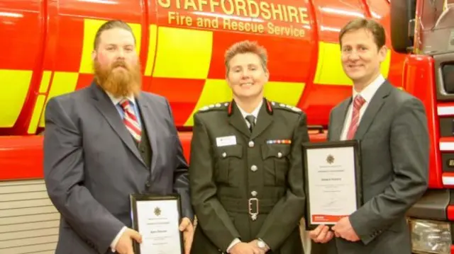 Adam Sharman and Edward Howard with Chief Fire Officer Becci Bryant