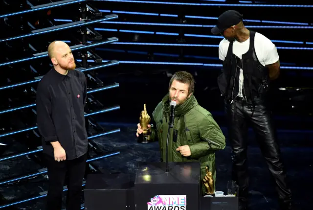 (L-R) NME editor Mike Williams, Liam Gallagher and Skepta