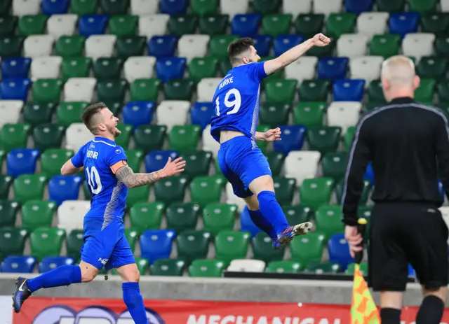 Cormac Burke celebrates after putting Dungannon Swifts 3-1 ahead against Ballymena United.