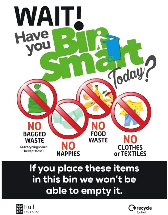 A poster with things you can't put in your blue bin.