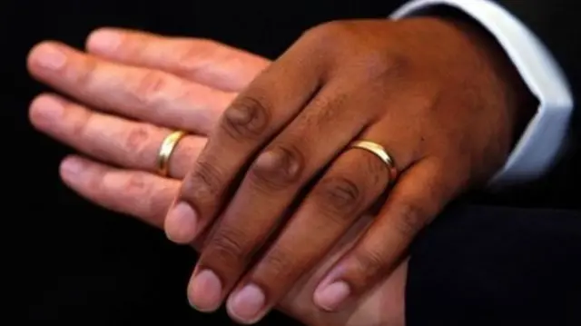 Married male gay couple touch hands