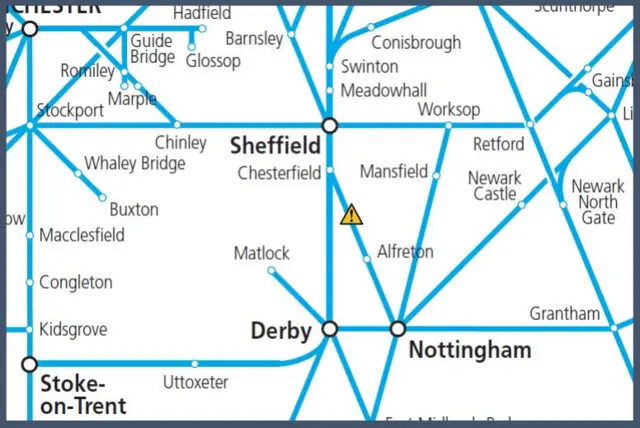 Map of train disruption on the Derbyshire/Yorkshire border