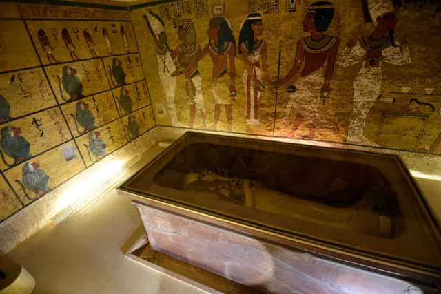 A picture taken on April 1, 2016, shows the golden sarcophagus of King Tutankhamun displayed in his burial chamber in the Valley of the Kings, close to Luxor, 500 kms south of the Egyptian capital Cairo