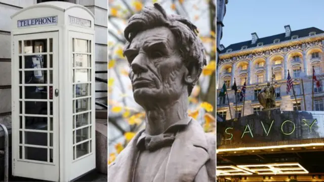 Cream phonebox, statue of Abraham Lincoln and Savoy hotel sign