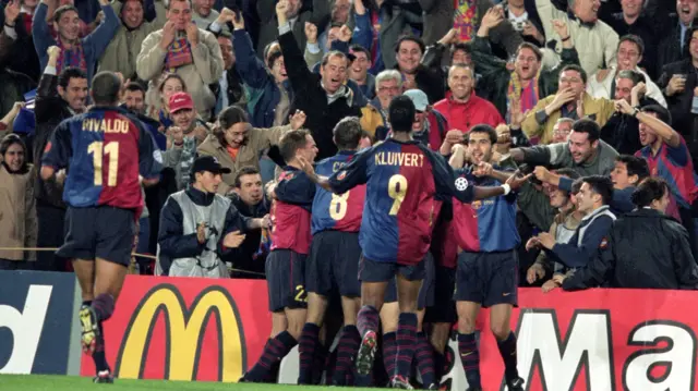 Barcelona celebrate against Chelsea in 2000