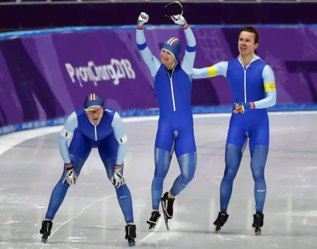 Norway men's speed skaters celebrate