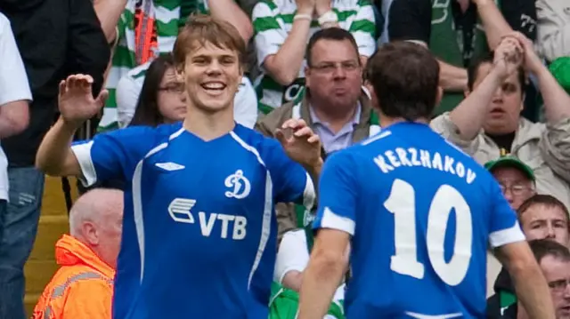 Aleksandr Kokorin celebrates scoring for Dinamo Moscow against Celtic