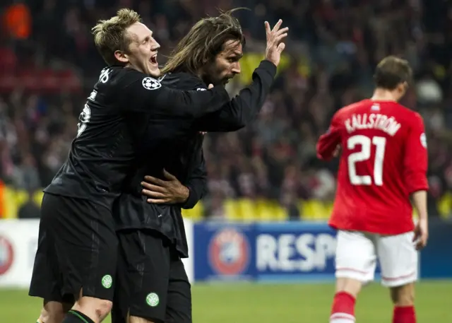 Celtic's Kris Commons and Georgios Samaras celebrate against Spartak Moscow