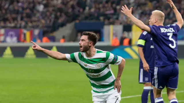 Celtic's Patrick Roberts celebrates scoring against Anderlecht