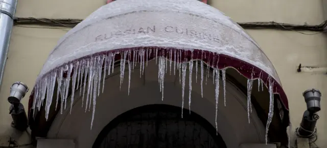 Icicles hang off a St Petersburg restaurant entrance