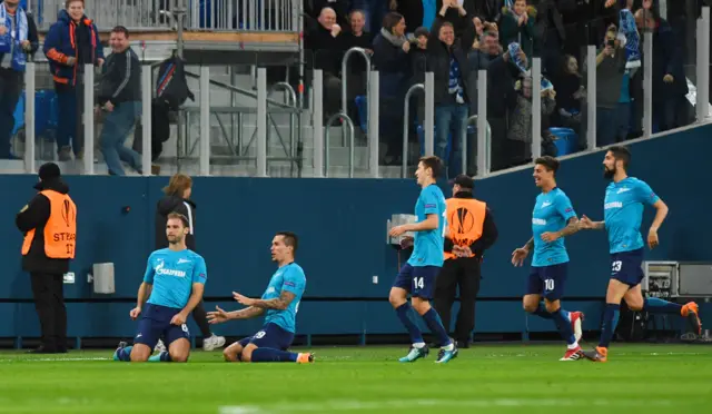 Branislav Ivanovic (far left) celebrates scoring for Zenit