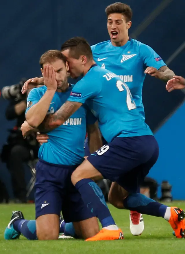 Zenit's Branislav Ivanovic celebrates by covering his eye