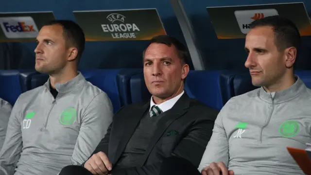 Brendan Rodgers looks unimpressed watching from the Celtic bench