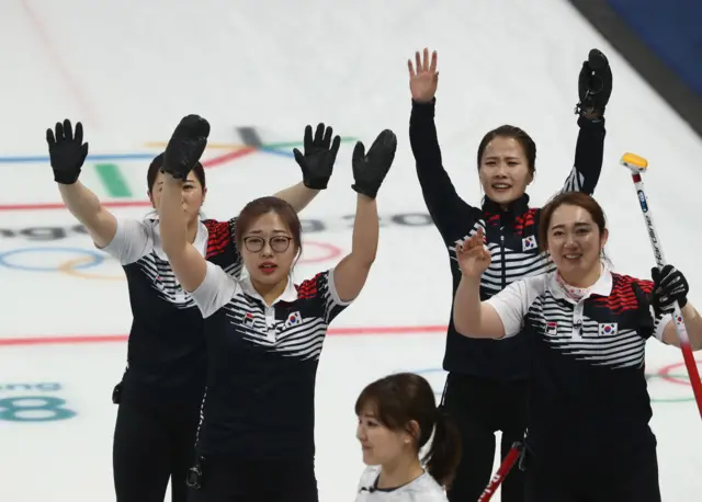 South Korea's women's curling team celebrate