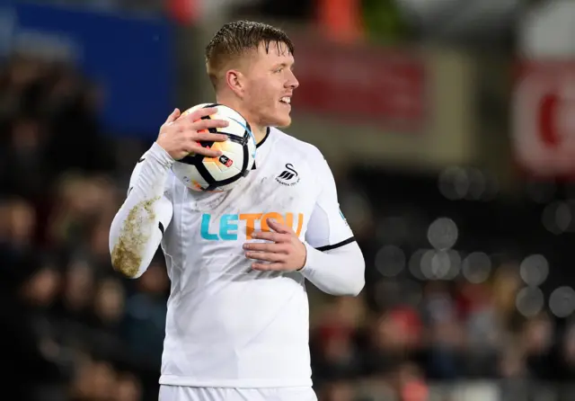 Alfie Mawson prepares to take a throw-in for Swansea City