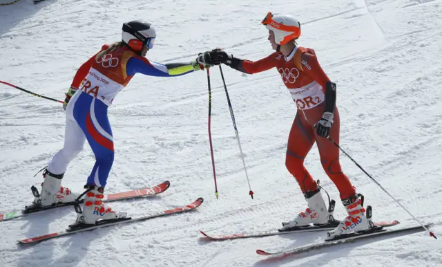 Tessa Worley of France and  Kristin Lysdahl of Norway