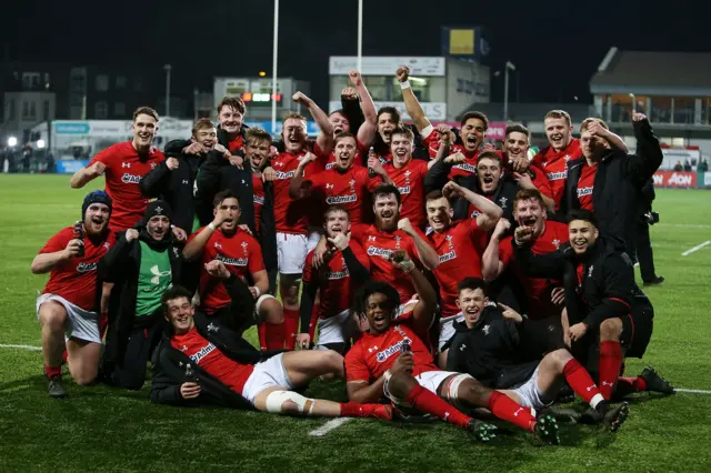 Wales under-20 celebrate their win over Ireland