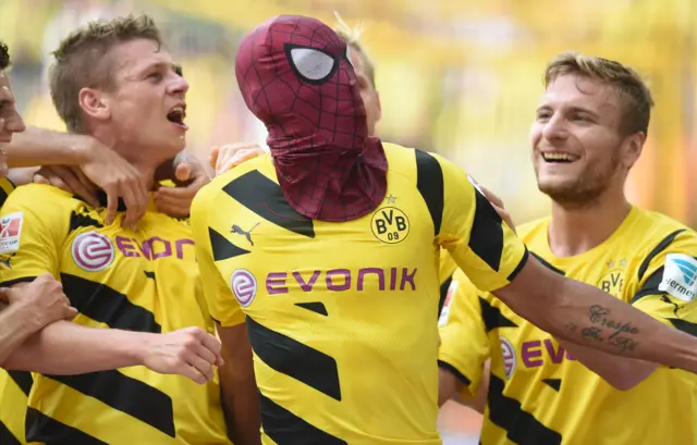 Pierre-Emerick Aubameyang celebrates after scoring a goal when he was at Dortmund