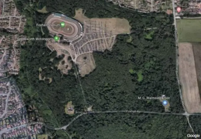 Google Earth image of Foxhall Stadium, Ipswich