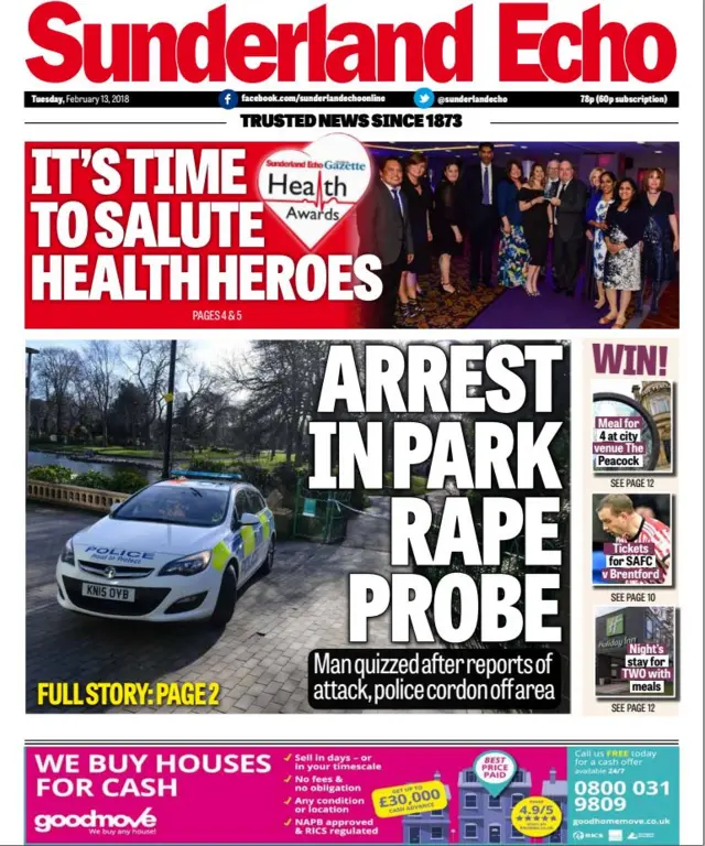 Sunderland Echo front page, Monday 26 February 2018