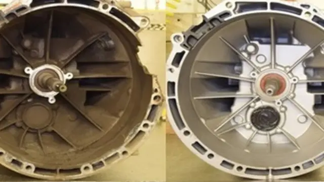 Before and after pictures of machinery parts which have been remanufactured