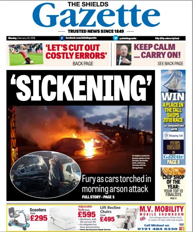 Shields Gazette front page, Monday 26 February 2018