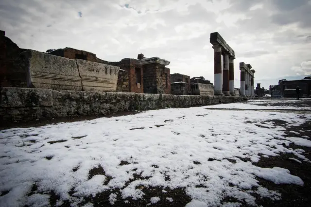 Pompei excavation covered by snow after a snowfall in Pompei, Naples, Italy