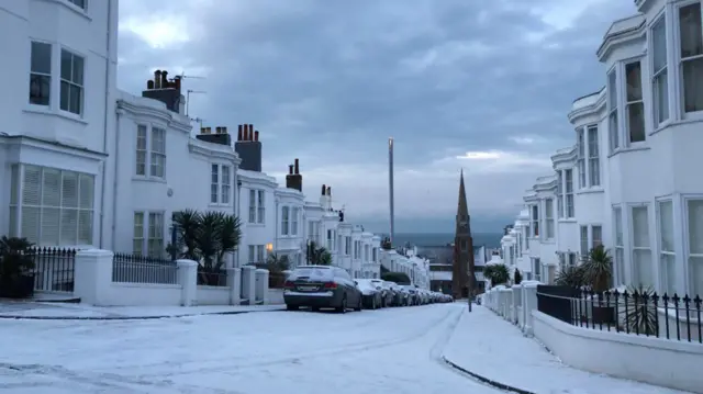 Snow covering a street in Brighton, East Sussex, on Tuesday morning.