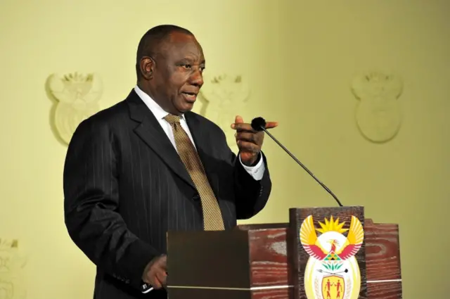 ws President of South Africa Cyril Ramaphosa announcing changes to the cabinet ministers, at the Union Buildings in Pretoria, South Africa, 26 February 2018